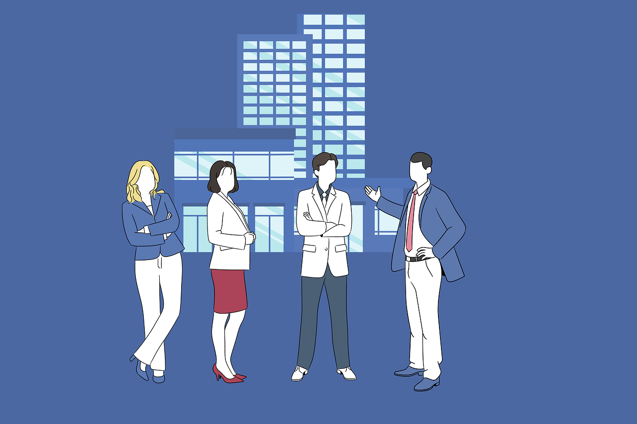 illustration with two women and two men in front of office buildings